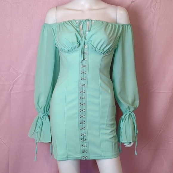 PrettyLittleThing Mint Chiffon Sleeve Hook and Eye Corset Bodycon Mini Dress 4 - Picture 1 of 7